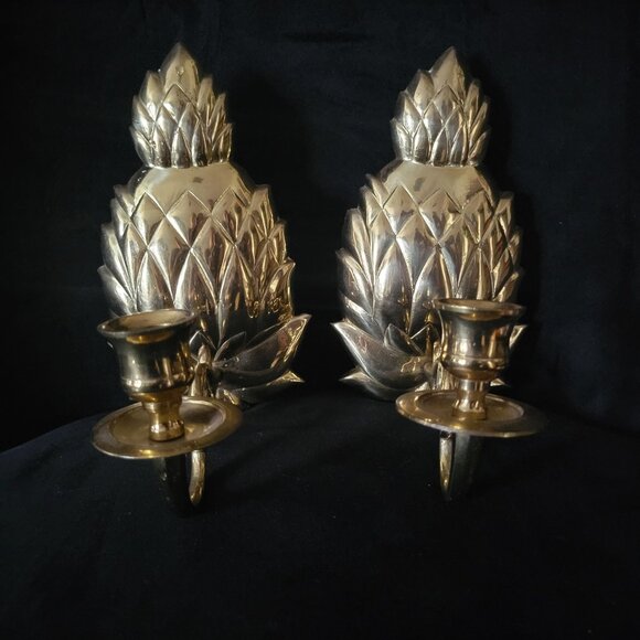 Pair Of Vintage Brass Pineapple Wall Sconces Candle Holders, Grandmillennial - Picture 1 of 4